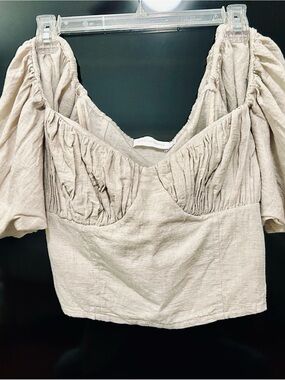 Jonathan Simkhai linen Beige Ruched Bust Puff Sleeve Crop Top